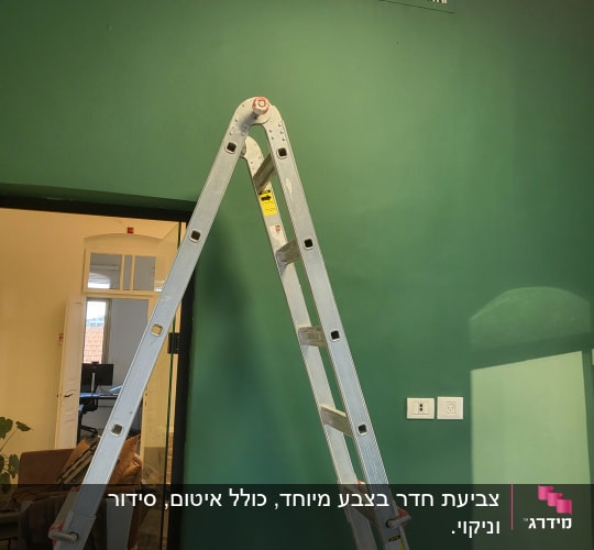 סולם מול קיר צבוע בירוק עם פתח אוורור